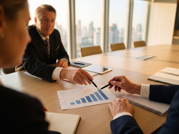 Two executives discussing a bar chart with rising values in a boardroom