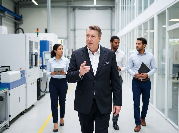 Ingmar P. Brunken walking with his team through a modern production hall
