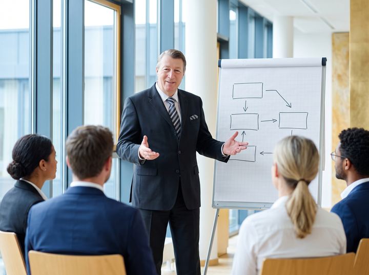 Ingmar P. Brunken facilitating a seminar at a flipchart in front of a group of managers